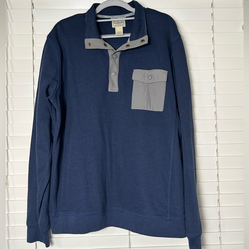 LL Bean Pullover Blue Gray 1/4 Snap Collar Sweatshirt